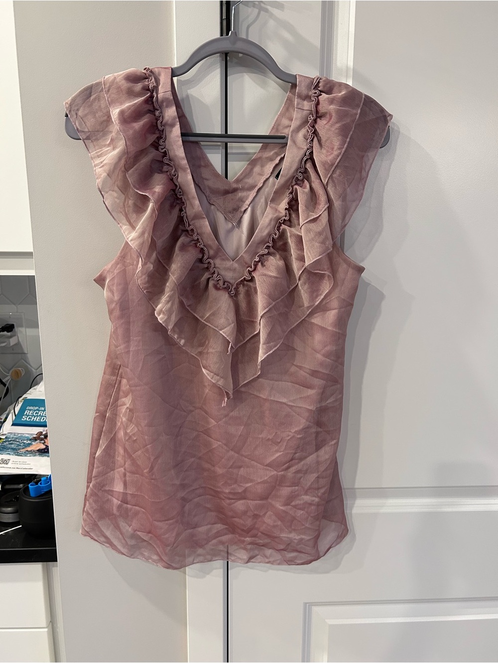 Peridot Pink Layered Ruffle V-Neck Sleeveless Blouse Feminine Top Romantic Flowy